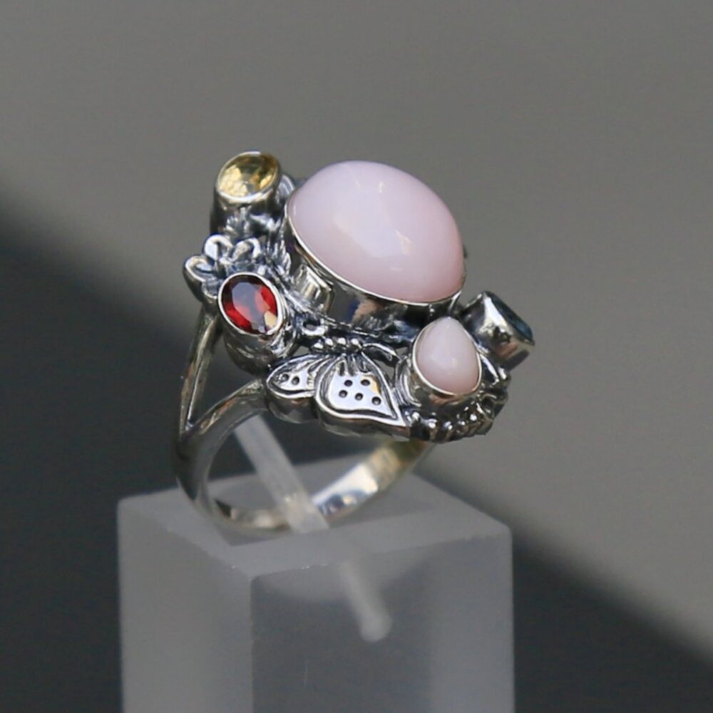 Bali Legacy ✦ Pink Opal & Multi Gemstone Ring ✦ 5.40ctw Sterling Silver Floral - Picture 15 of 16